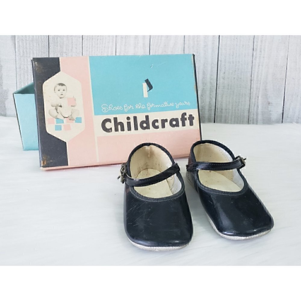 Vintage Childcraft Black Baby Shoes & White Lace Socks Original Box Newborn Set